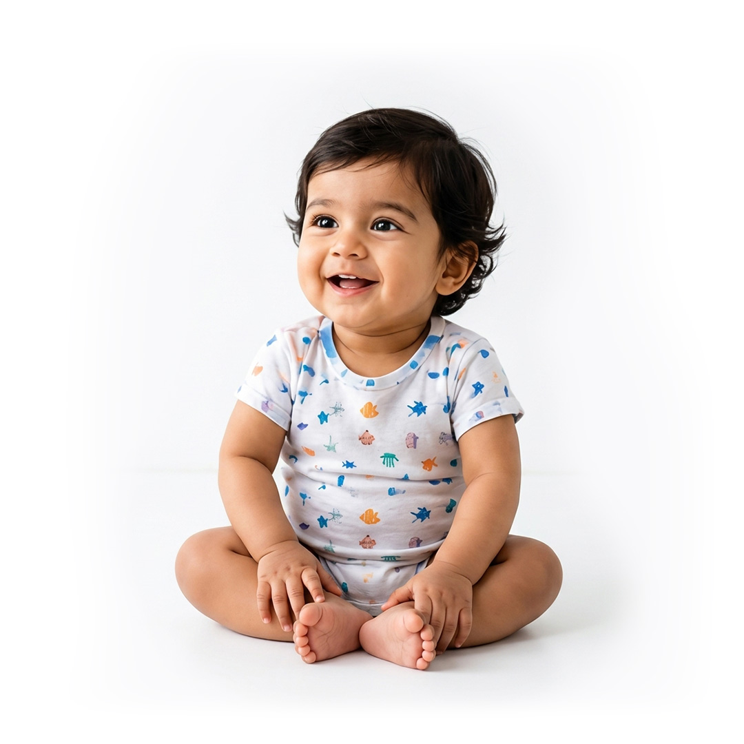 Happy healthy baby sitting on floor